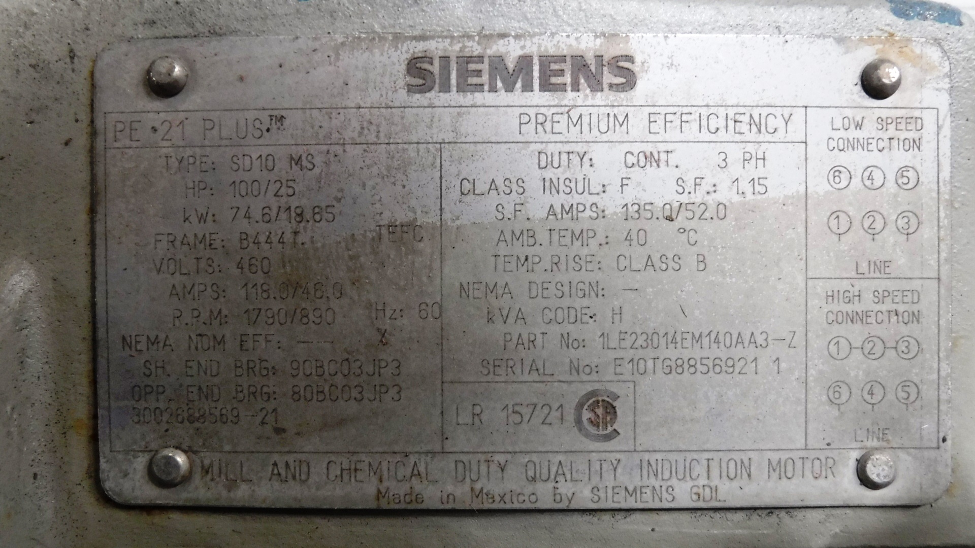 Siemens 100 HP 1790 RPM 444T Multi Speed Motors 81536